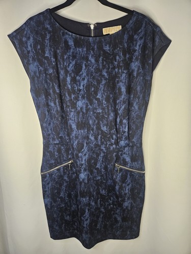 Abito midi Michael Kors Michael blu nero manica corta zip tasca tubino US 10