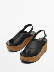 Massimo Dutti Crossed Straps Black Leather Wedge Sandals - Picture 1 of 5