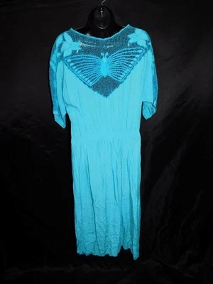 Vestido de renda vintage anos 80 M azul borboleta manga curta tropical praia midi - Imagem 1 de 4