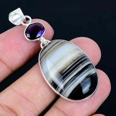 Banded Agate 925 Silver Plated Handmade Pendant of 2.29" - Image 1 of 3