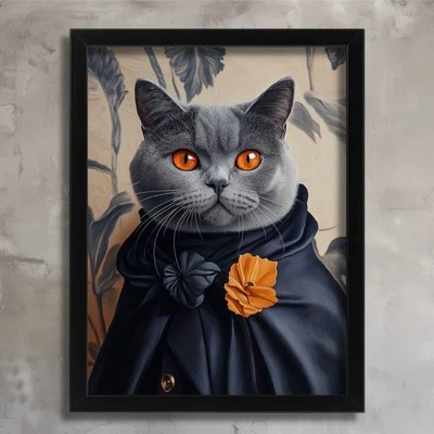 Grey British Shorthair Cat Print Elegant Cat Portrait Wall Art Dapper Feline Art - Image 1 of 2