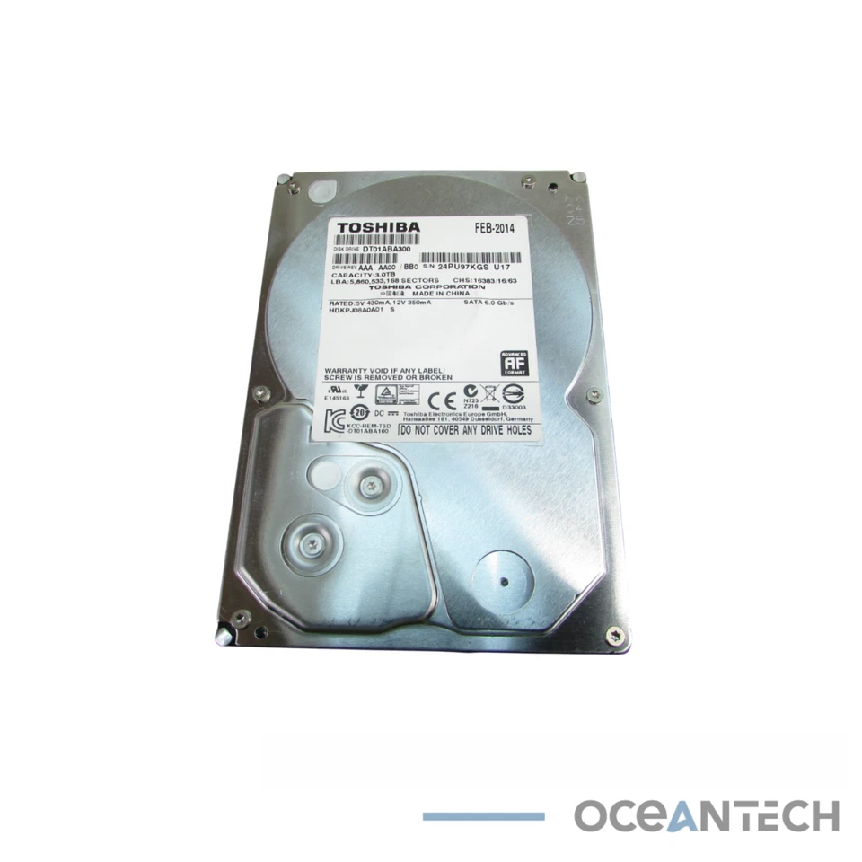 Toshiba DT01ABA300 3TB 3.5" 6Gb/s SATA Hard Drive Grade A No Tray - Image 1 of 3