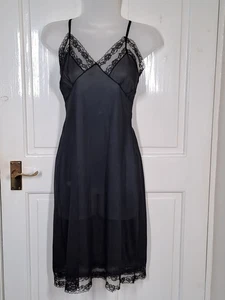 Sottoveste slip completo vintage, nylon scivoloso nero trasparente e pizzo, UK 10 - Foto 1 di 8
