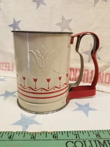 Vintage Androck Hand-I-Sift Jr Metal Flour Sifter Whote w/ Red Tulips Flowers - Picture 1 of 9