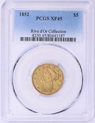 1852 LIBERTY HEAD $5 HALF EAGLE GOLD PCGS XF45 - Image 1 of 3