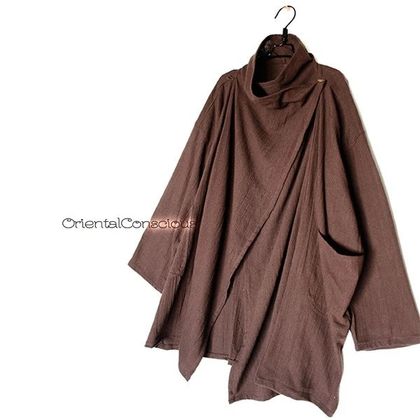 Свободный шеи Haori верхний хлопок коричневый богемное Японии хиппи хиппи азиатский этнический богемный - Изображение 1 из 4