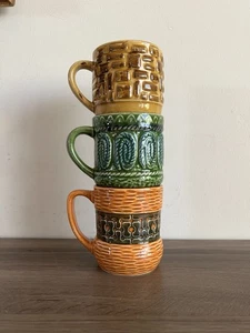 60s Stackable Mugs 3 Basket Weave made in japan orange green yellow 3.5" coffee - Picture 1 of 10