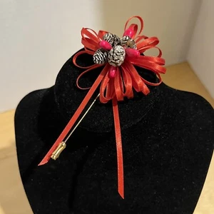 Vintage Hat Stick Pin Red Ribbon Pinecones - Picture 1 of 5