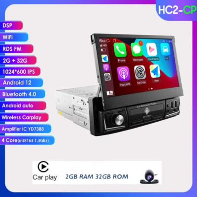 Single 1 DIN Android 12 Car Stereo CarPlay GPS Navigation Flip Up Radio WiFi RDS - Image 1 of 4