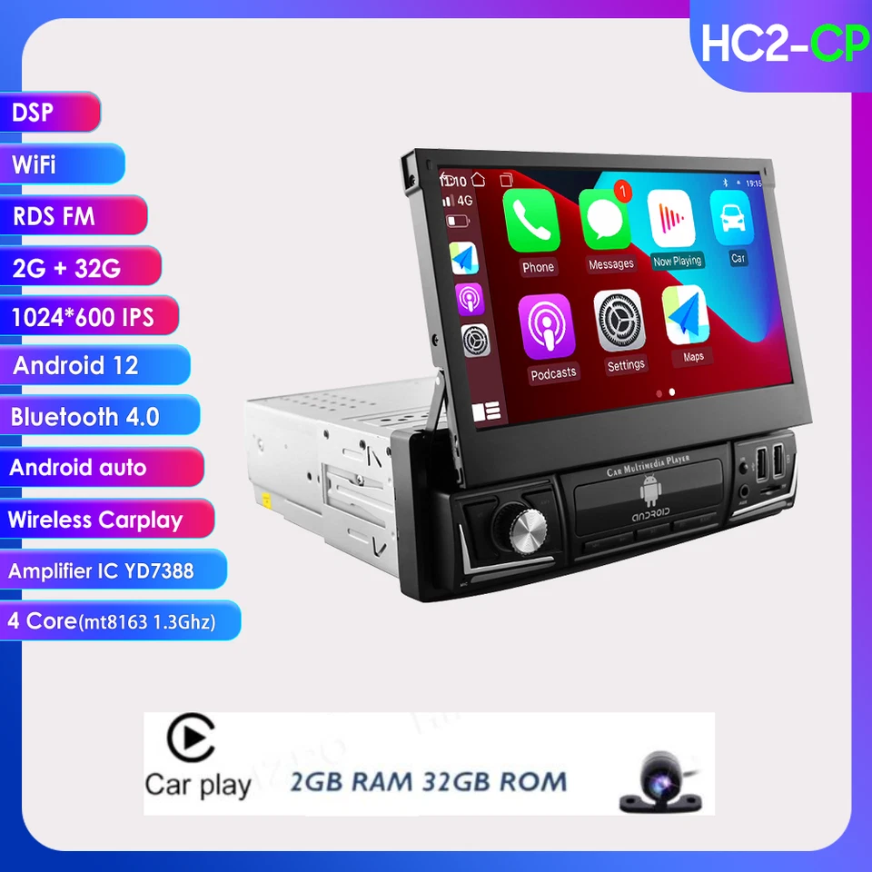 Single 1 DIN Android 12 Car Stereo CarPlay GPS Navigation Flip Up Radio WiFi RDS - Image 1 of 4