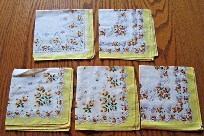 Juego de 5 pañuelos vintage para dama estampado floral amarillo 12'" sin usar NOS Foto 1 de 2