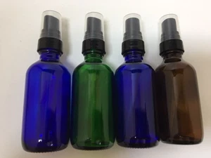 4 Pack 2 oz COBALT BLUE GREEN AMBER GLASS FINE MIST SPRAYER BOTTLES Black SPRAY - Picture 1 of 3