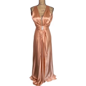 Sz 40 (8) Luca Luca Champagne 100% Silk V Neck Draped Gown with Diamond Lock - Picture 1 of 15