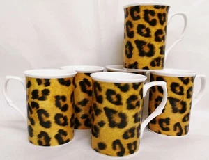 Leopard Brown Mugs Set 6 Fine Bone China Animal Print Castle Cups Decorated UK - Picture 1 of 7
