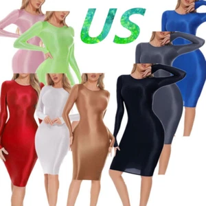 Womens Glossy Elastic Tights Pencil Dress Clubwear Mini Bodycon Teddy Dresses - Picture 1 of 95