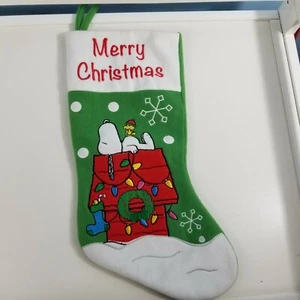 PEANUTS SNOOPY And WOODSTOCK Merry Christmas Green Felt Stocking 18" Long - Picture 1 of 4