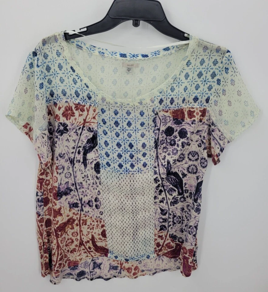 Blusa campesina boho manga corta retazos medios mixtos medianos Ecote Top para mujer Foto 1 de 4