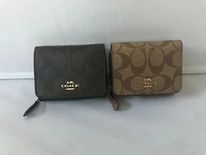 COACH Small Trifold Wallet Canvas Card Case Coin Brown Black or Khaki Saddle$150 - Picture 1 of 22