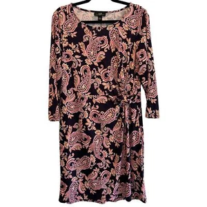 AGB Womens Purple Paisley Print 3/4 Sleeve Side Knot Shift Dress | Size Large - Picture 1 of 10