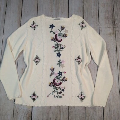 Vintage Blair Floral Embroidered Knit Sweater Cottagecore Grandma Core Cream LGE - Image 1 of 4