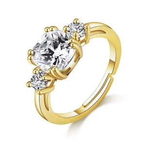 Gold Plated Adjustable Three Stone Ring Created with Zircondia® Crystals - Picture 1 of 6