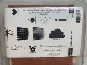 Stampin Up CREATE A CUPCAKE Wooden Rubber Stamp Set Birthday Cherry Candle - Picture 1 of 5