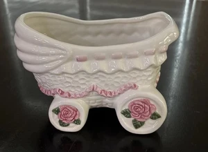 Planter Baby Carriage It’s A Girl Gift Stroller Ceramic Vintage Roses Giftwares - Picture 1 of 6