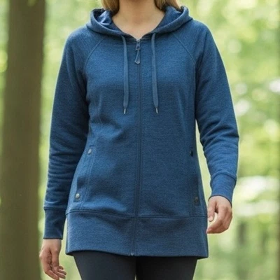 T by Talbots Hooded Jacket Tunic Full Zip Women Sz S Blue Heathered Classic - Image 1 of 4