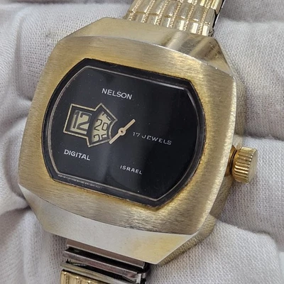 NELSON MEN WATCH JUMP HOUR 17 JEWELS DIGITAL SWISS VINTAGE MECHANICAL RUNS RARE - Image 1 of 4