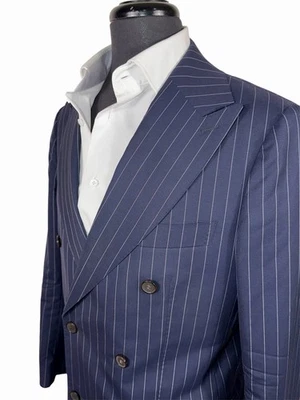 SUPPLY SOHO 海军蓝 PINSTRIPE 双排扣西装夹克 38S 修身切割 — 第 1/4 张图片