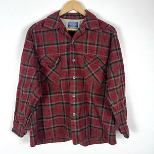 Vintage 60s Pendleton Board Shirt Sz L Wool Loop Collar Flap Pockets Plaid SHORT - Picture 1 of 10