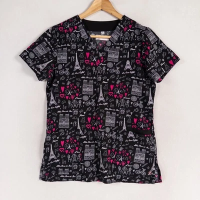 Blusa Médica Estampada Corazones Torre Eiffel París XS Negra para Mujer Cuello en V Foto 1 de 4
