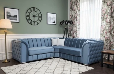 Italian Upholstered Chesterfield Corner Sofa In Plush Velvet Fabric In UK Sizes - Image 1 of 2