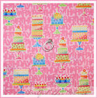 BonEful Fabric FQ Cotton Quilt VTG Pink Happy Birthday GIRL Cup Cake Party Table