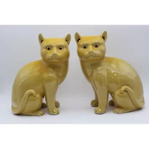 Chinese Imperial Export yellow glazed porcelain cats pair late 19th Century - Afbeelding 1 van 17