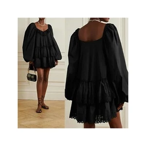 Caroline Constas Women's Puff Sleeve Tiered V Neck Pippa Dress Black Small - Picture 1 of 10
