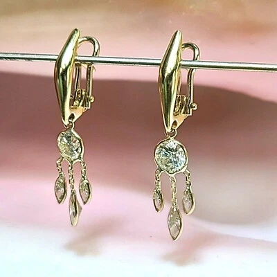 Stunning Solid 18K Yellow Gold Diamond Drop Chandelier Omega Back Earrings 1.4" - Image 1 of 4