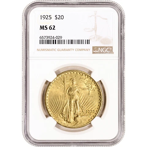 1925 US Gold $20 Saint-Gaudens Double Eagle - NGC MS62 Cover