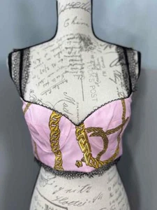 NWT GIANNI VERSACE Twill Silk Lace Strap BraTop Corset Bralette Candy GoldChain - Picture 1 of 10