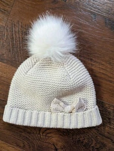 Infant 0 To 3 Month Winter Hat Pom Pom Bow Cream - Picture 1 of 4