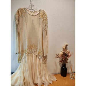 Vintage Hand Beaded Sequin Formal L Evening Gown Embellished Acetate Lined Dress - Picture 1 of 13