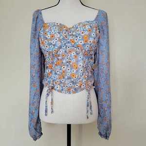 NWT Madden NYC Juniors L Peasant Crop Top Smocked Bustier Long Sleeve Floral - Picture 1 of 16