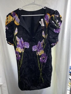 Judith Ann I. Magnin Blouse Size 10 Black Silk Pretty Floral Ruffle Sleeves - Picture 1 of 11