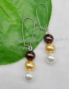 8/10/12mm White Yellow Brown Round Shell Pearl Beads Silver Hook Dangle Earrings - Picture 1 of 6