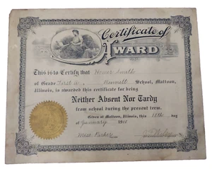 1918 Certificate Award Bennett School GoldSeal Mattoon Illinois Antique Ephemera - Picture 1 of 8