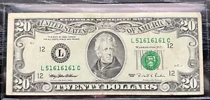 FANCY REPEATER 20 Dollar Bill Note Series 1995 L51616161C - Picture 1 of 2