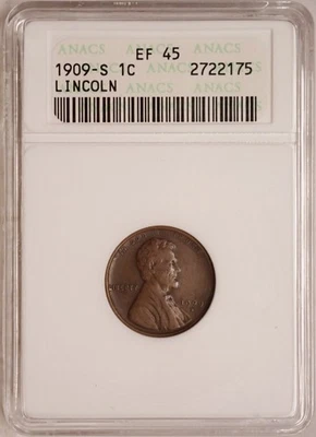 1909-S Lincoln Cent ANACS EF45 XF45 Gen 6 Soapbar Old Holder SWH Soapbox - Image 1 of 4