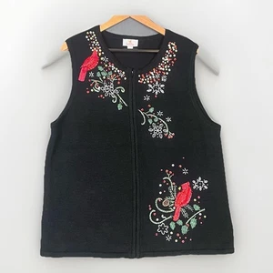 VTG Quacker Factory Holiday Vest XL Black Cardinal Snowflake Christmas Embroider - Picture 1 of 7