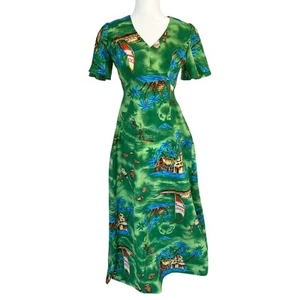 Vintage Royal Hawaiian Polynesian Tiki Flutter Sleeve Maxi Dress Resortwear 6 - Picture 1 of 5