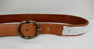 Lucky Brand Belt White Beaded Tan Leather Brass Buckle  Women's Size L - Picture 1 of 6